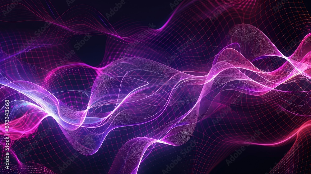 Fototapeta premium An abstract pattern of oscillating purple and pink light waves on a dark background, suggesting the movement of electromagnetic fields in technology.