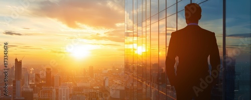 Businessman looking out from skyscraper window at sunrise, reflecting on the city's potential and opportunities for growth and success.