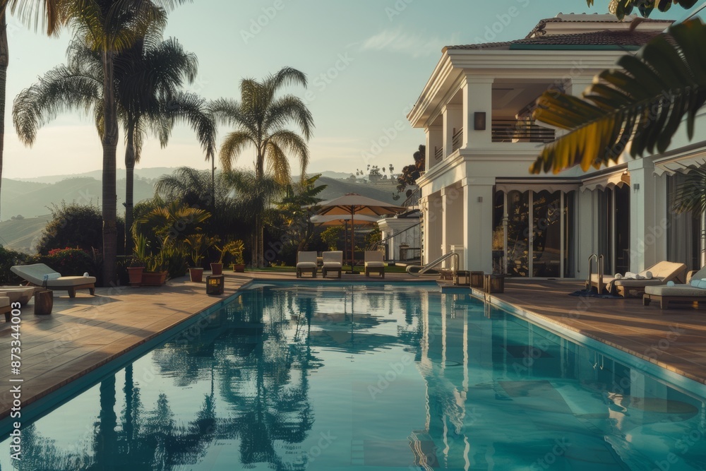 Fototapeta premium Luxurious villa with pool, palm trees, and mountain views. Tropical paradise resort with elegant architecture and outdoor lounging areas.