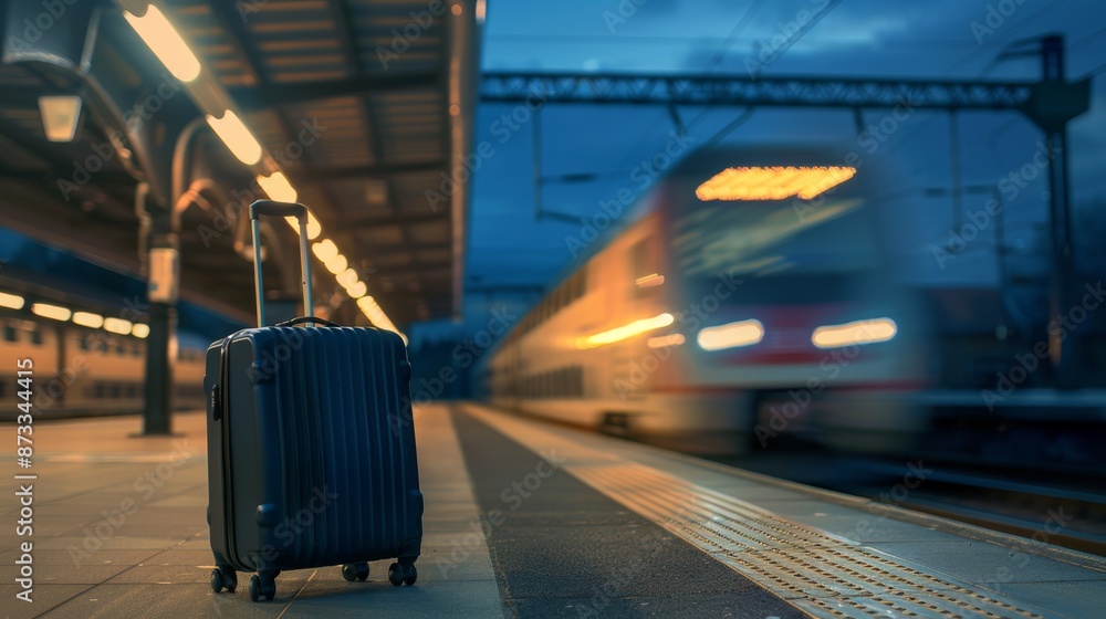 Fototapeta premium Twilight Commute: Lone Suitcase on a Bustling Train Platform