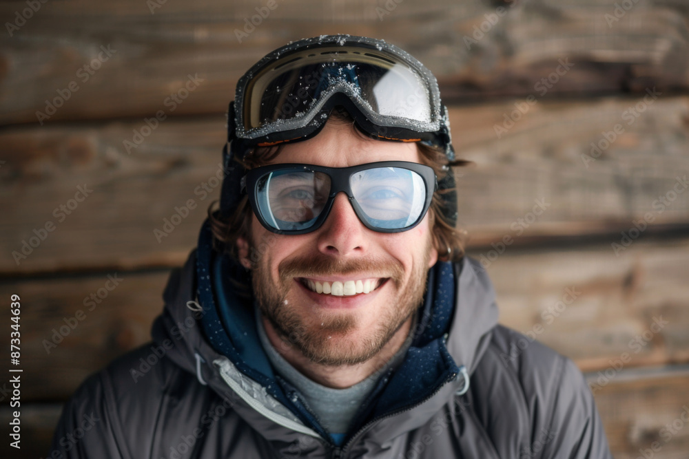 Caucasian handsome man smiling, goggles Caucasian handsome man smiling, goggles