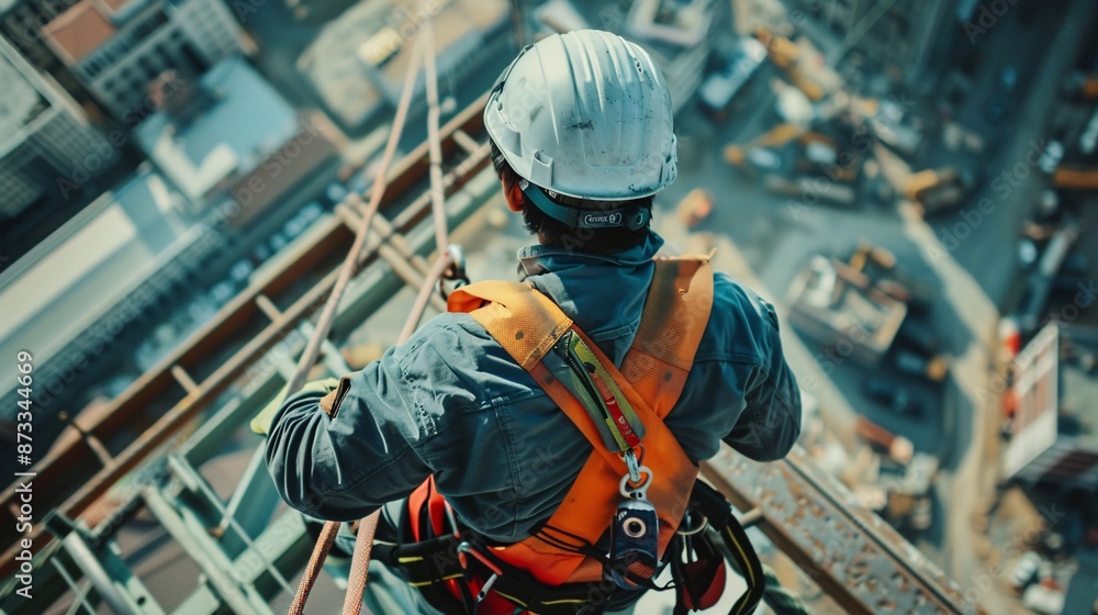 A construction worker wearing a safety harness and safety line while working at a high place A construction worker wearing a safety harness and safety line while working at a high place
