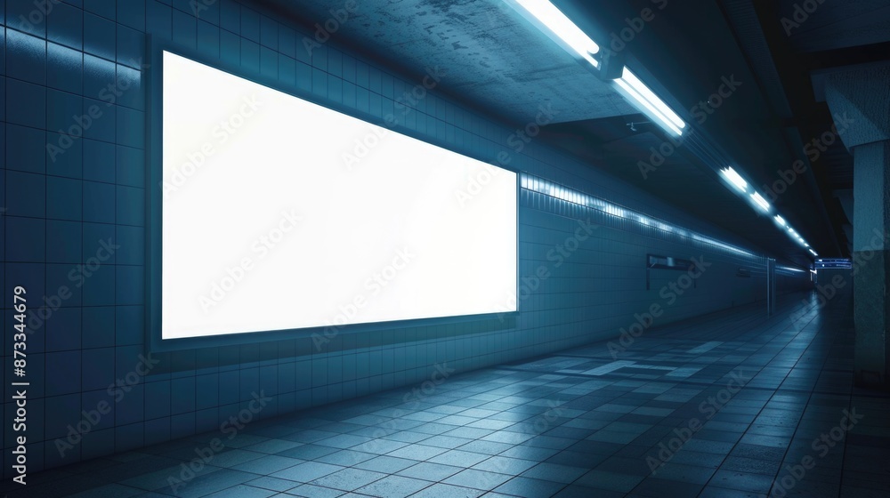 A large white billboard is in a dark tunnel. The billboard is empty and the tunnel is dimly lit A large white billboard is in a dark tunnel. The billboard is empty and the tunnel is dimly lit