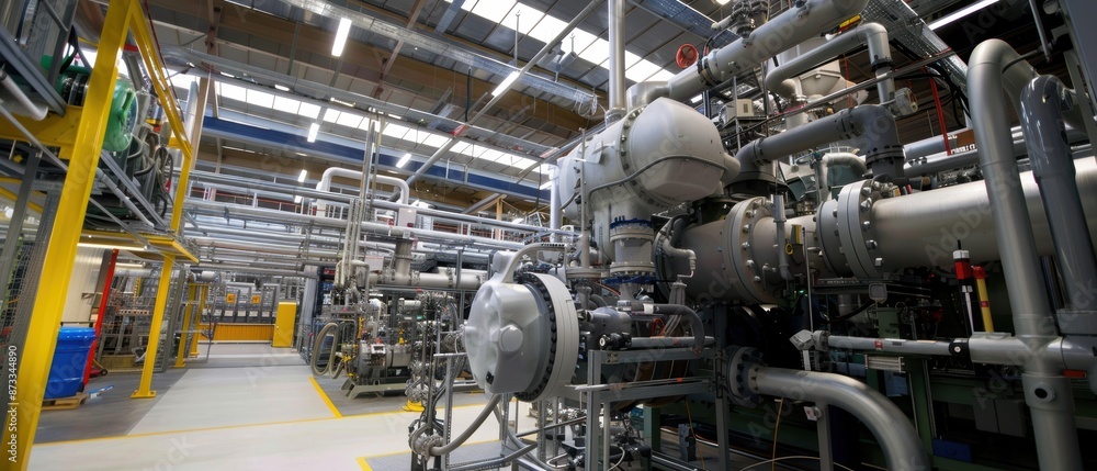 Modern industrial factory interior with complex machinery and equipment, showcasing advanced manufacturing technology and engineering. Modern industrial factory interior with complex machinery and equipment, showcasing advanced manufacturing technology and engineering.