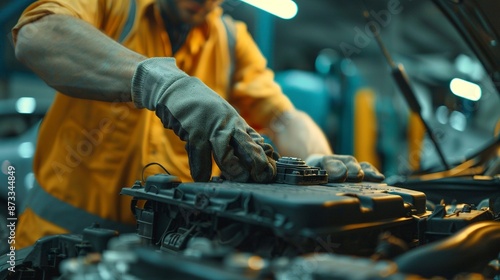 Skilled auto mechanic in gloves changing an expired car battery, focused on engine maintenance work. Generative ai