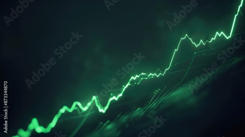 An abstract representation of a stock market surge, with a graph line climbing a steep hill, crafted from green light against a dark canvas.