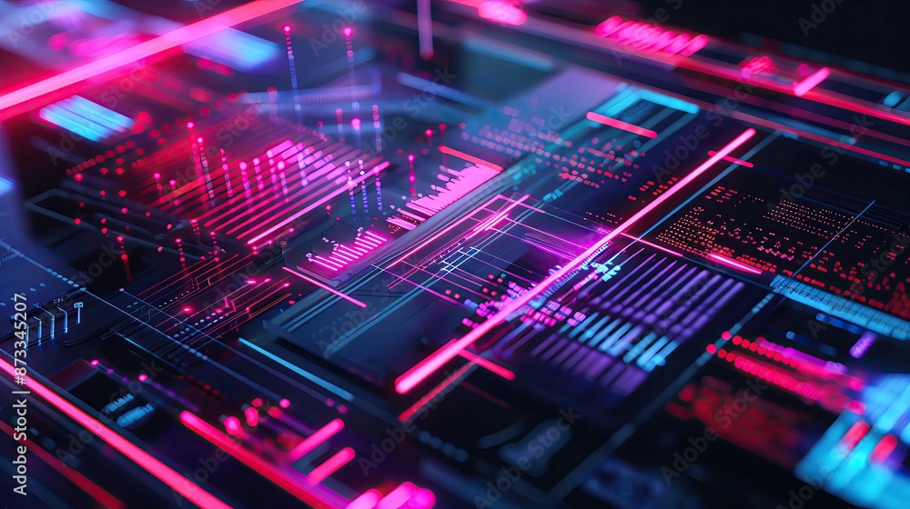 Fototapeta premium Futuristic digital circuit board with glowing neon lights and abstract tech patterns. High-tech interface concept.