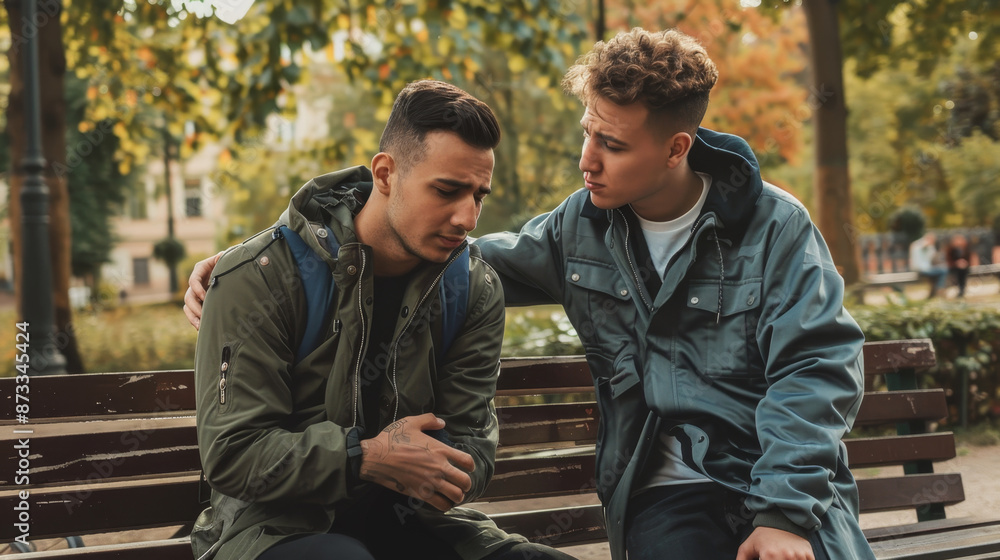 Compassionate Friend Consoling Upset Man on Park Bench Compassionate Friend Consoling Upset Man on Park Bench