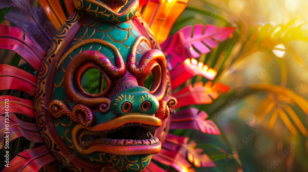 Vibrant Traditional Mayan Mask Amidst Lush Foliage Vibrant Traditional Mayan Mask Amidst Lush Foliage