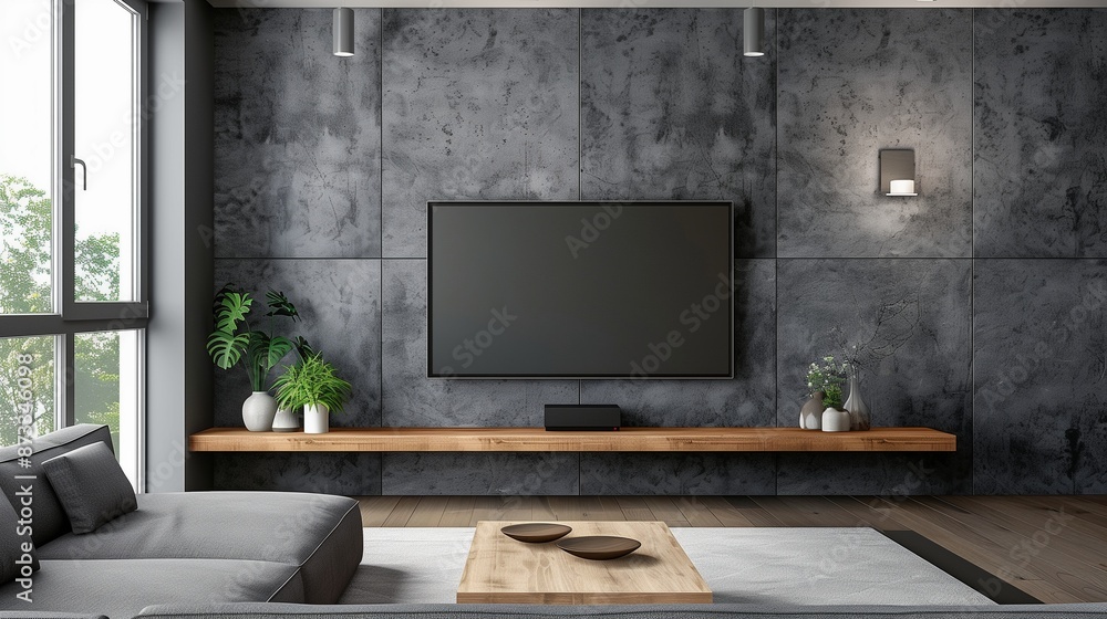 Fototapeta premium Stylish grey textured wall design with a floating walnut LCD rack in a contemporary living room