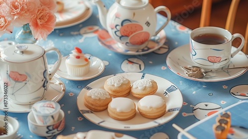 Wallpaper Mural  A tablecloth-covered table topped with cups, plates, and sweet treats like cupcakes and pastries Torontodigital.ca