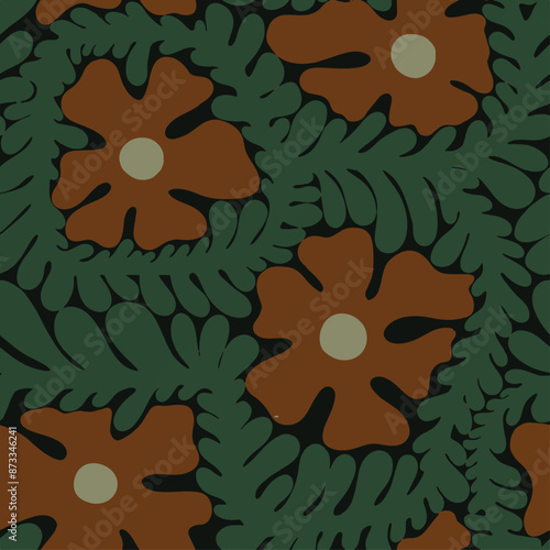 Trendy floral seamless pattern collection. Set of vintage 70s style flower background illustration. Colorful pastel color groovy artwork bundle, y2k nature backgrounds with spring plants