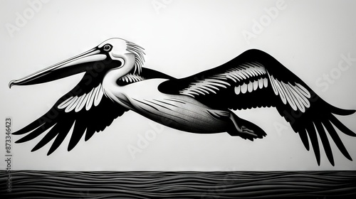  A monochrome photo depicts a graceful pelican soaring through the air, wings fully extended, and mouth agape