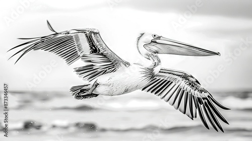   A B&W photo of a pelican soaring in mid-air above the ocean, with a sandy beach visible below