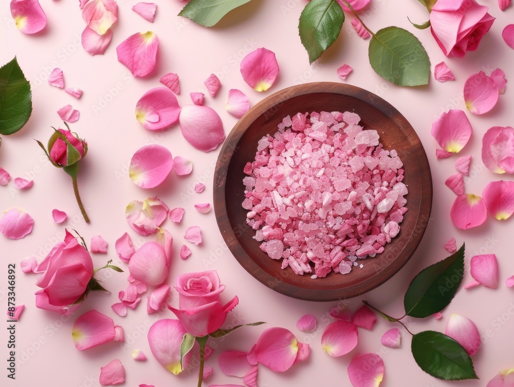 A bowl of pink salt is surrounded by pink rose petals A bowl of pink salt is surrounded by pink rose petals