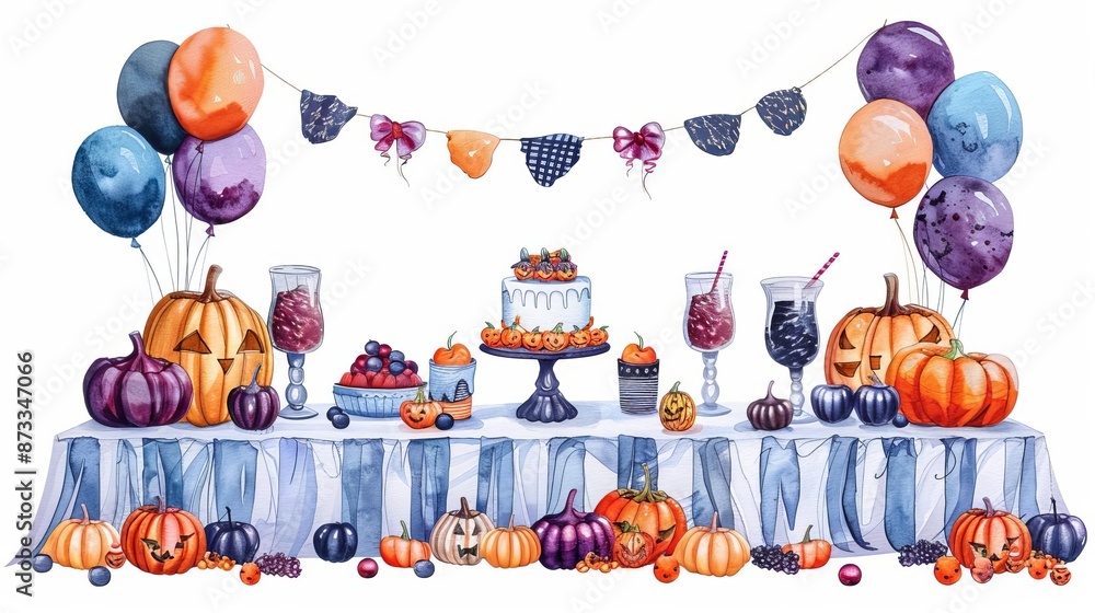 Naklejka premium A picturesque handdrawn watercolor painting of a childfriendly Halloween display with carved pumpkins and autumn decorations