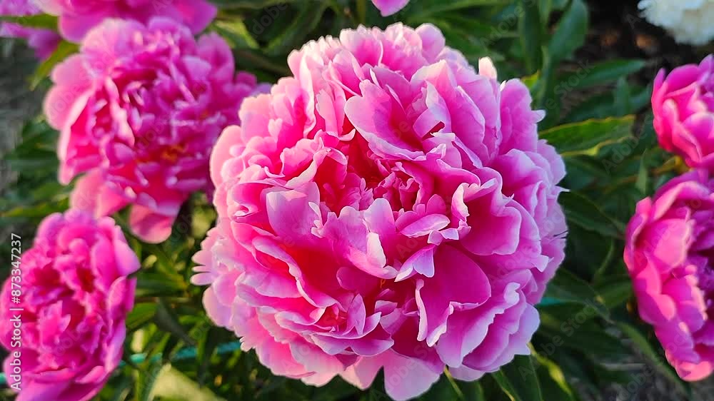 Large big peony flower with large petals of pink crimson red color with white border and green leaves close-up. Beautiful blossoming of beautiful Peony flower. Beautiful flower peony blossom in spring Large big peony flower with large petals of pink crimson red color with white border and green leaves close-up. Beautiful blossoming of beautiful Peony flower. Beautiful flower peony blossom in spring