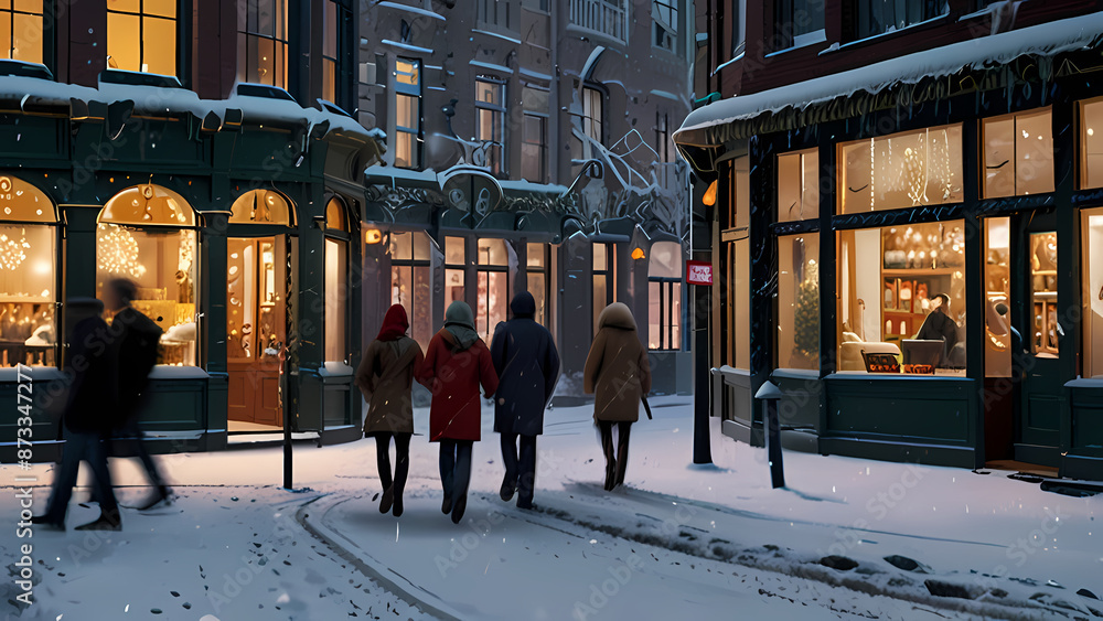 bustling city street transformed by a heavy snowfall, with people bundled up in winter clothes, shop windows glowing warmly, and snowflakes creating a magical atmosphere bustling city street transformed by a heavy snowfall, with people bundled up in winter clothes, shop windows glowing warmly, and snowflakes creating a magical atmosphere