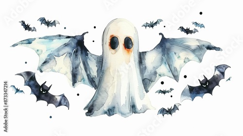 A serene handdrawn watercolor painting of a familyfriendly trickortreating scene with children in nonscary costumes photo