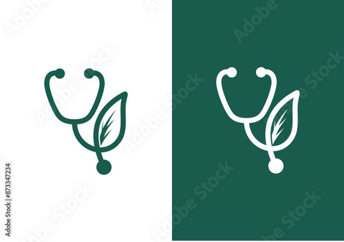 Natural health logo design, stethoscope design combined with plant leaves. natural medicine design vector