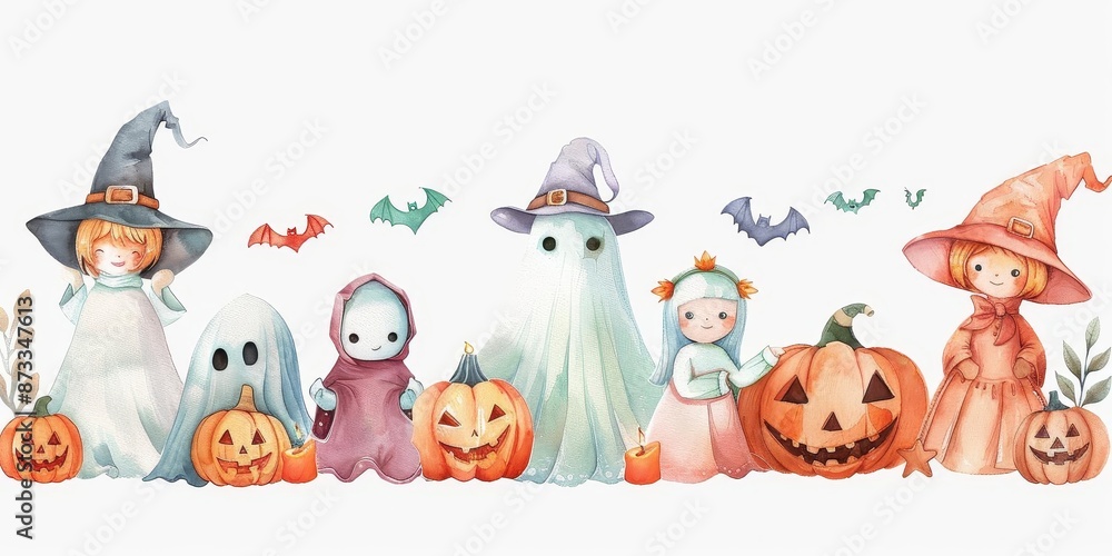 Fototapeta premium Cute Halloween characters with pumpkins and bats.