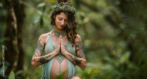 pregnant woman in nature practicing yoga asana for relaxation, flexibility, mindfulness, radiating tranquility and inner peace. beauty of pregnancy and power of self-care. Maternity and motherhood.