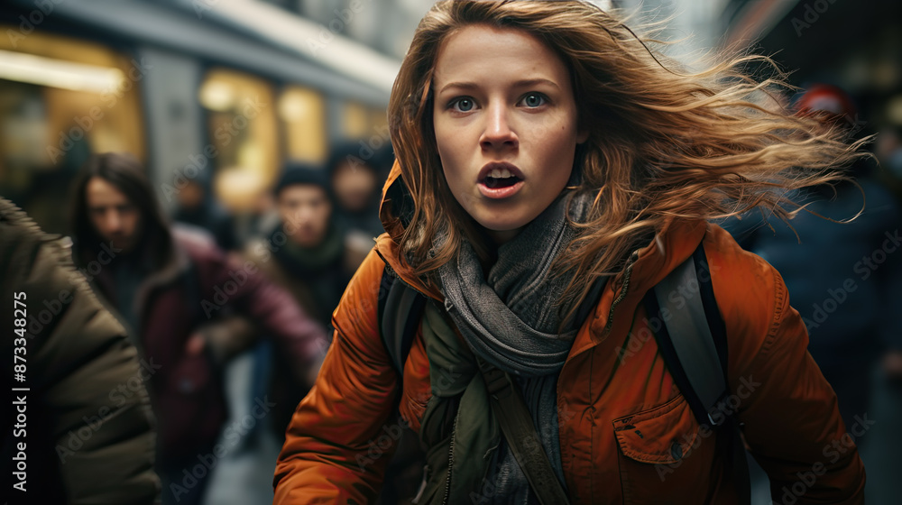 A young woman runs on the street of a city