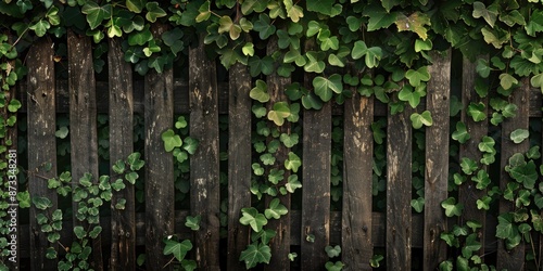 A wooden fence covered in green ivy. The fence is old and has a rustic appearance. The ivy is growing up the fence and covering it completely. The image has a natural and peaceful feel to it © vefimov