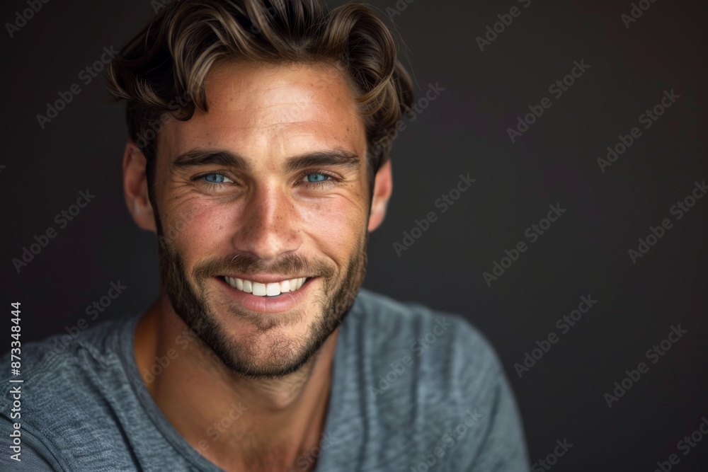 Caucasian handsome man smiling, informal isolated on a black background Caucasian handsome man smiling, informal isolated on a black background