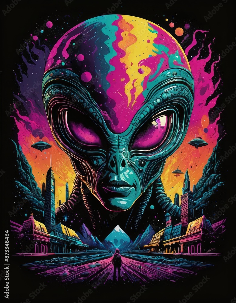Against a backdrop of flying saucers and skyscrapers, a solitary alien contemplates the urban sprawl below. Against a backdrop of flying saucers and skyscrapers, a solitary alien contemplates the urban sprawl below.