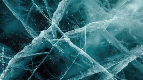 A blue and white image of ice with a lot of cracks and splinters. The image has a cold and desolate feeling to it photo