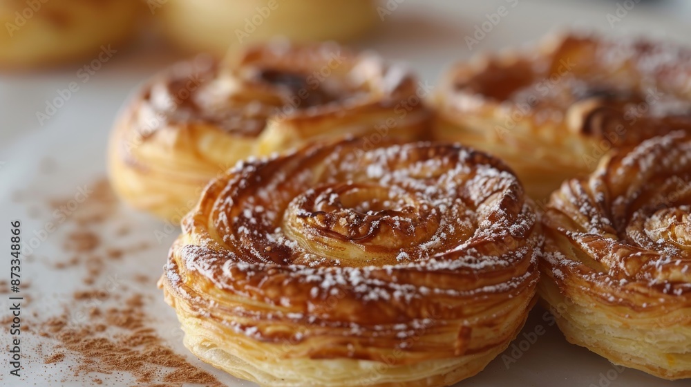 A close-up of a light, flaky pastry dusted with cinnamon, showcasing its delicate flavor and subtle aroma. A close-up of a light, flaky pastry dusted with cinnamon, showcasing its delicate flavor and subtle aroma.