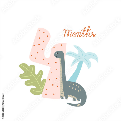 Four months Baby milestone card for newborn with a cute dino