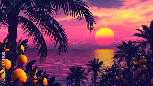 Tropical Sunset Paradise with Palm Trees and Ocean View