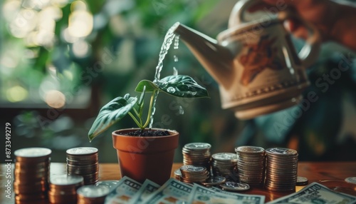 Watering a Plant With Water Pouring From a Cup Onto US Dollar Bills and Coins