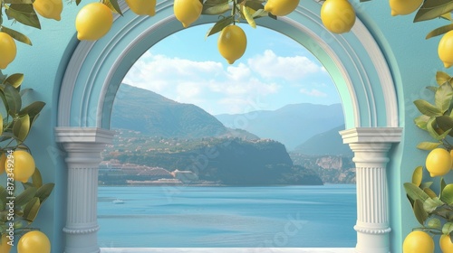 Idyllic Lemon Archway Overlooking Mediterranean Sea and Coastal Village