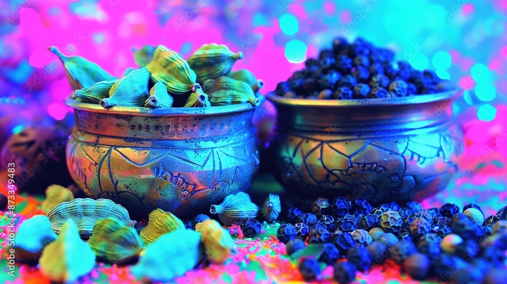 A few bowls filled with blueberries surrounded by a pile on a pink and blue background A few bowls filled with blueberries surrounded by a pile on a pink and blue background