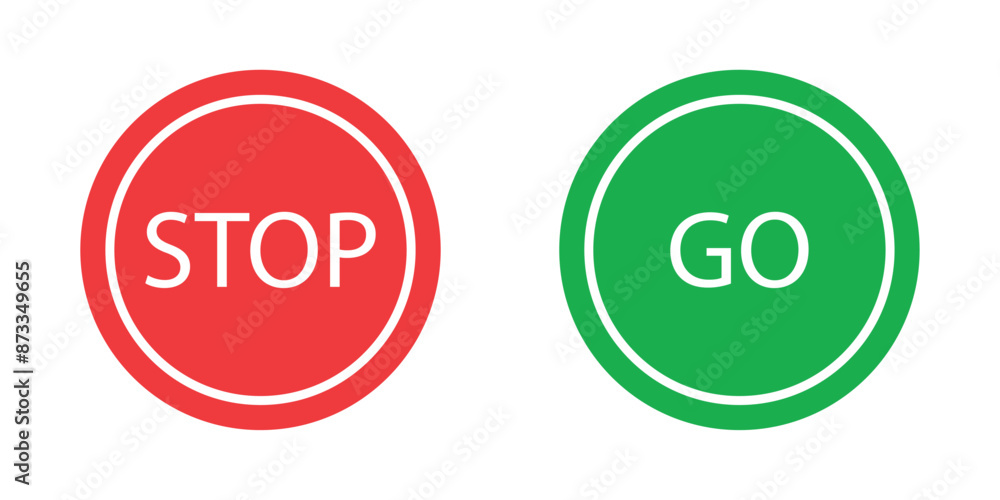 Stop and go sign icon in green and red circle isolated on white background. Start and go road sign icon. Vector illustration. Stop and go sign icon in green and red circle isolated on white background. Start and go road sign icon. Vector illustration.