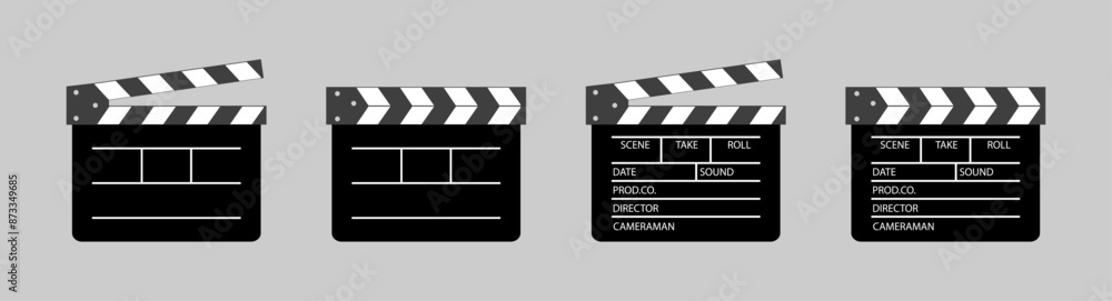 Fototapeta premium Clapper board vector icon set. Opened and closed movie clapper film clap board. Movie, cinema, film symbol concept. Director clapboard. Filmmaking, video production industry equipment.