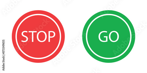 Stop and go sign icon in green and red circle isolated on white background. Start and go road sign icon. Vector illustration.