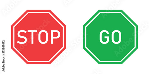 Stop and go sign symbol isolated on white background. Go and stop vector icon in red and green circle. Road sing board symbol. Vector illustration.