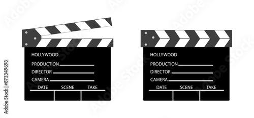 Clapper board vector icon set. Opened and closed movie clapper film clap board. Set of clapping board black and white color Vector illustration.