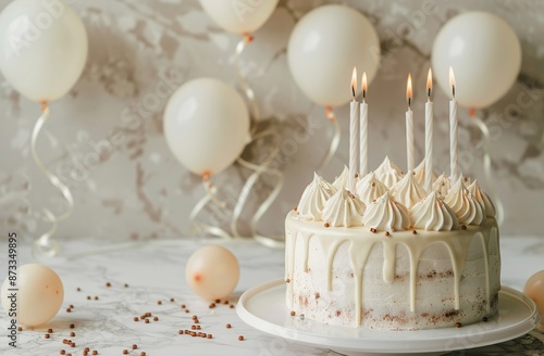 Birthday Cake With Candles and Balloons in a White Room
