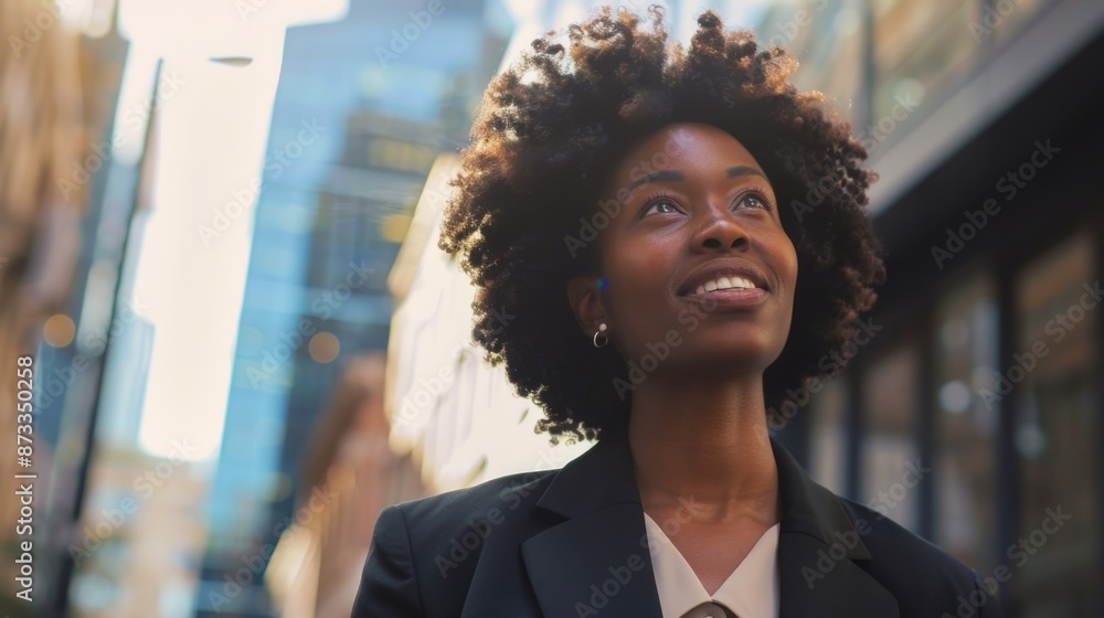 Obraz premium A woman with curly hair is walking down a city street, smiling and looking up at the sky
