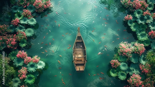 Overhead view of a small wooden boat navigating through a serene lotus pond,surrounded by blooming flowers and large green leaves under a drizzling rain in a captivating Chinese painting style - Overh photo