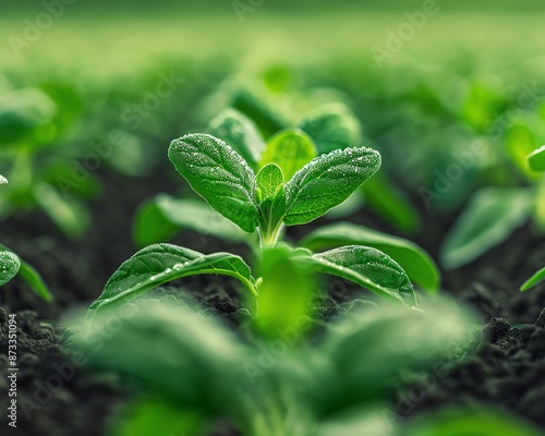 Closeup of vibrant green seedlings emerging from rich soil. photo