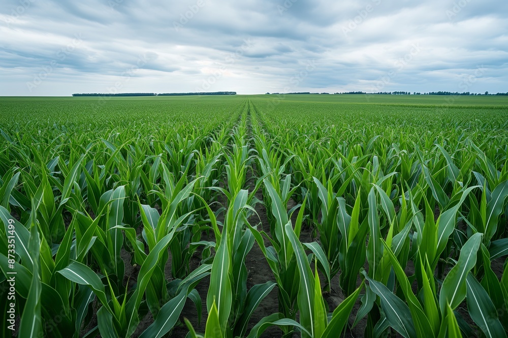 The image depicts an expansive green cornfield stretching out seemingly endless under a cloudy, overcast sky, representing growth, potential, and the vastness of nature's beauty. The image depicts an expansive green cornfield stretching out seemingly endless under a cloudy, overcast sky, representing growth, potential, and the vastness of nature's beauty.