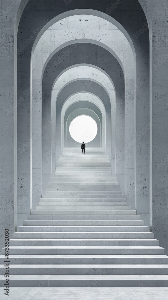 A single figure in a dark suit walks up a white staircase, which leads to an open, circular doorway at the end of a hallway with arched ceilings A single figure in a dark suit walks up a white staircase, which leads to an open, circular doorway at the end of a hallway with arched ceilings