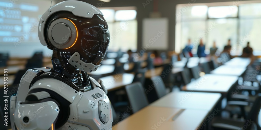 Fototapeta premium A White Robot Sitting in a Conference Room