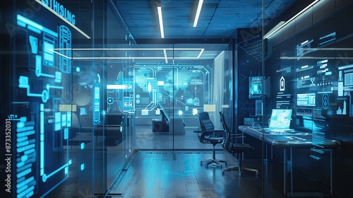 Modern futuristic office with advanced digital interfaces, holographic displays, and high-tech equipment. Ideal for technology-themed projects.